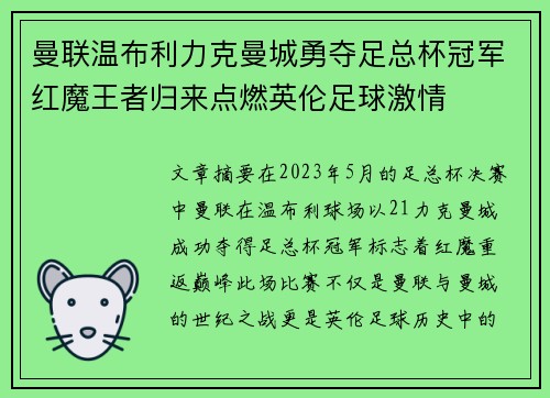 曼联温布利力克曼城勇夺足总杯冠军红魔王者归来点燃英伦足球激情